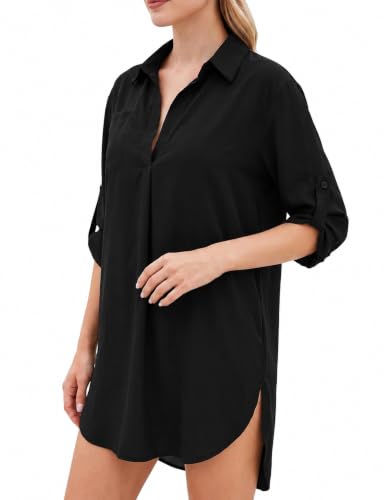 V-Neck Beach Cover Up Shirt Dress - 3/4 Sleeve Asymmetrical - Black, Large
