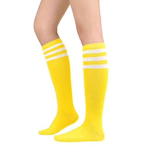 Womens Athletic Knee High Socks - Yellow & White Stripes, One Size