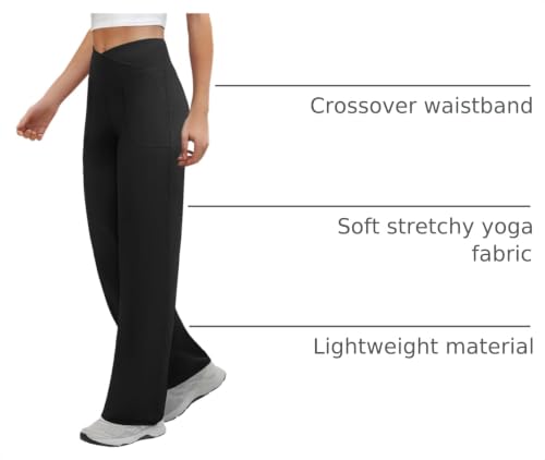 COPYLEAF Wide Leg Yoga Pants Women Black Large with Pockets, Loose & Stretchy for Lounge & Work