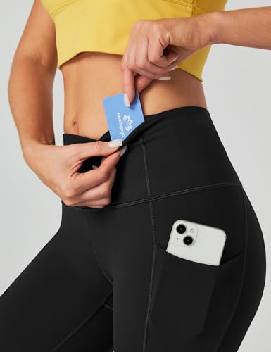 High Waisted Capri Leggings with Pockets for Women - Black, Large