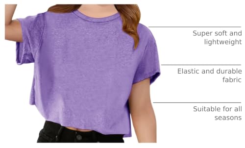 Girls Short Sleeve Crop Top - Athletic Crew Neck Basic Tee - Purple, 5-6Y