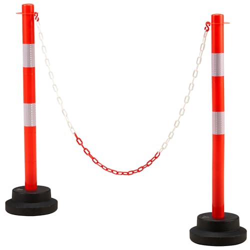Dragosum [2 Pack] 34 inch Traffic Delineator Post with Weighted Base, Orange Safety Cones with 5 FT Plastic Chain, Safety Barriers with Reflective Collar for Parking Lot, Driving Training
