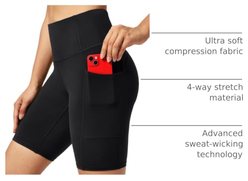High Waisted Biker Shorts for Women - Tummy Control with 3 Pockets