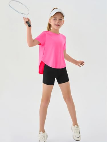 Girls Athletic Shirts - Short Sleeve Active Sports Top, 7-8 Years / Pink