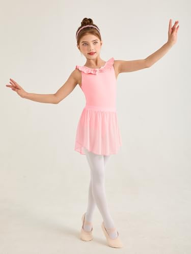 Girls Ballet Leotard with Ruffle Trim & Crisscross Back - Pink, 5-6 Years
