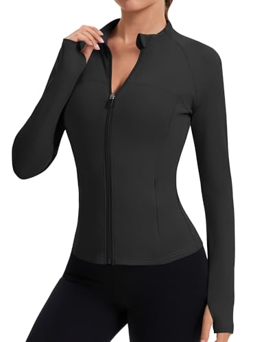 Slim Fit Women's Full Zip Workout Jacket with Thumb Holes - Black, Medium
