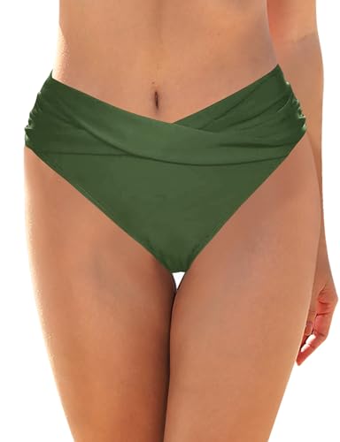 V Waist Crossover Swim Bottoms for Women - Army Green, Large
