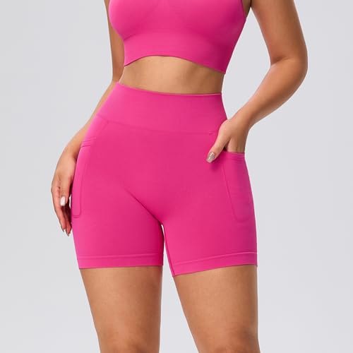 Evercute Women's 5" Seamless Scrunch Butt Lifting Gym Shorts with Pockets - X-Large, Black, Pine Green, French Blue, Magenta Pink, 4 Pack