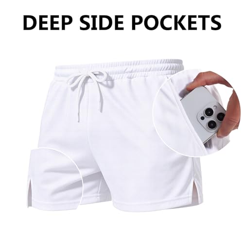 Kiuwoba Men's 3-Inch Mesh Running Shorts with Pockets, Quick Dry, White, Size M