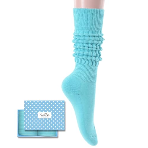 Long Slouch Socks for Women - Light Blue, Green & Purple