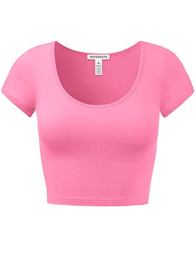 Cotton Crop Top - Short Sleeve Scoop Neck - Small / Candy Pink