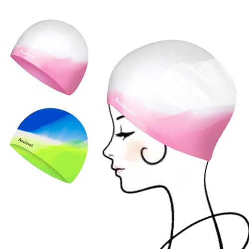 Kids Swim Cap 2 Pack - Silicone Swimming Caps for Long & Short Hair - Pink & Green-Blue