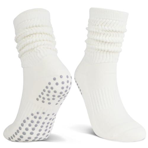 Non-Slip Grip Slouchy Scrunch Socks for Yoga & Pilates - Size 6-12 White