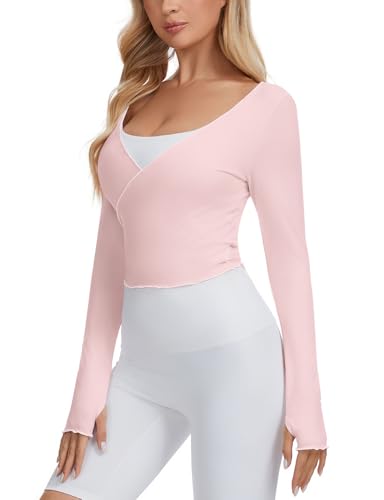 Ballet Wrap Top for Women - Tie Front Long Sleeve Crop Cardigan - Pink, Small