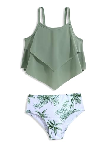Girls Tankini Swimsuit Set - Ruffle Two Piece Swimwear Green, 12 Years