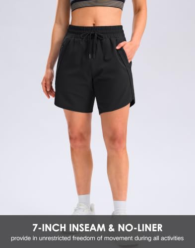 SANTINY Women's Athletic Running Shorts 7 Inch Large Black with Zipper Pockets