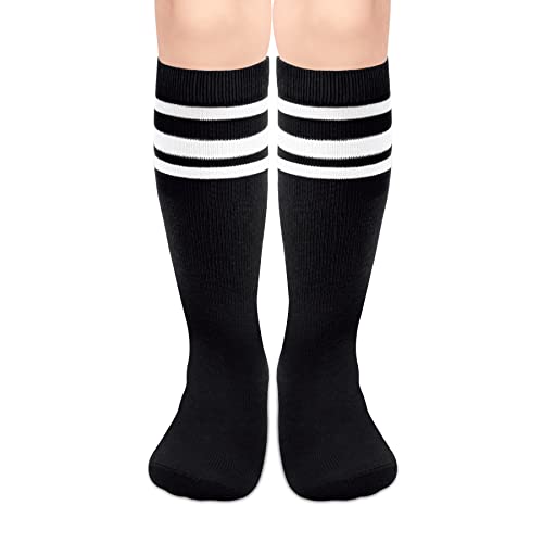 Kids Knee-High Soccer Socks with Stripes - Black/White, 3-6 Years