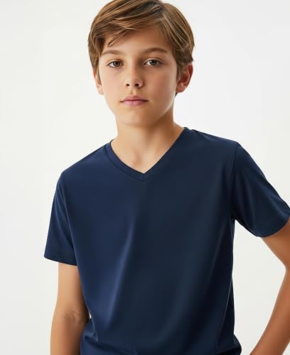 Youth Athletic T-Shirts - Dry-Fit Short Sleeve V Neck Tees - 5 Pack - Black, Grey, Navy, Charcoal, Denim Blue