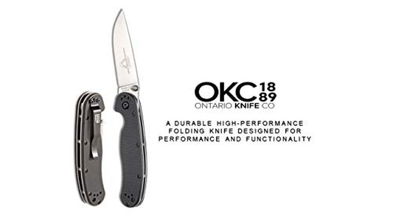 Ontario Knife Company Rat II, Satin AUS-8 Stainless Steel Drop-Point Blade Folding Pocket Knife, Black Nylon Handle Liner Lock Knife, Everyday Carry Knife – ON8860