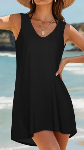 Womens Black Swimsuit Coverup Tank Dress - Large