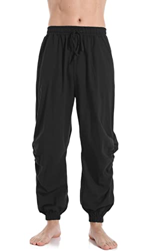 PACEIADTA Men’s Casual Cotton Linen Joggers 34 Black Elastic Waist Drawstring