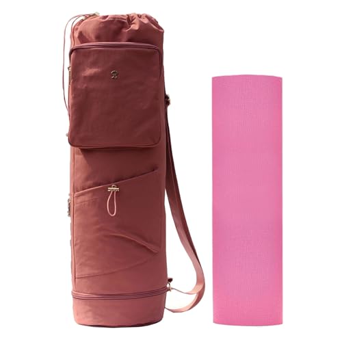 Yoga Mat Bag - Multi Pocket Drawstring Carrier - Nylon Pink