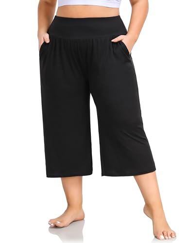 ZERDOCEAN Women's Plus Size High Waist Wide Leg Yoga Capris with Pockets - Black 3X