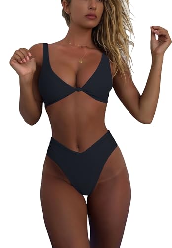 Solid V Neck Knot Front Push Up High Leg Thong Bikini Set - Black, Medium