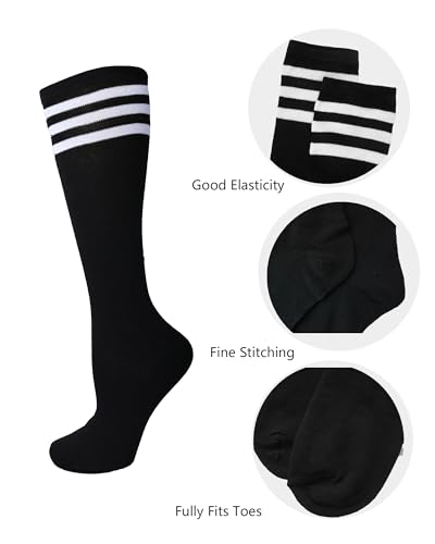 Knee High Socks for Women - Athletic Striped Tube Socks, 3 Pack Red & Black Stripes