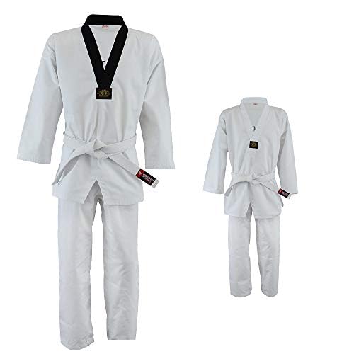 twister fight wear Taekwondo Uniform, 8oz Poly/Cotton, White Belt Included (BLACK-V, 0)