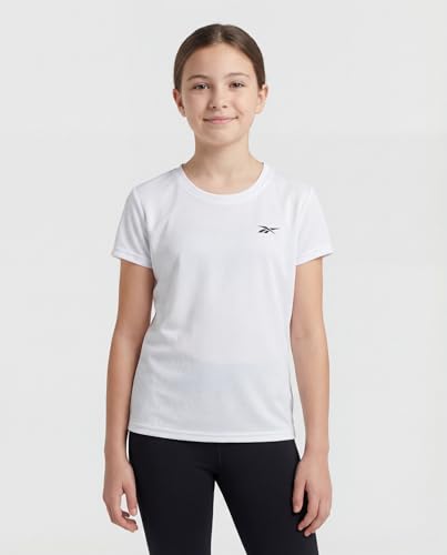 Reebok Girls' Mesh T Shirt 4 Pack - Athletic Tops for Kids & Teens, Solid Black, Plum, Orchid, White