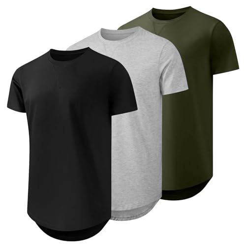 Men's Longline Crewneck T-Shirt - Casual Hipster Hip Hop Style, Short Sleeve, Medium, Black Gray Green