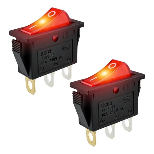 Red LED Rocker Switch - SPST On/Off 3-Pin Electrical Toggle - 2Pcs