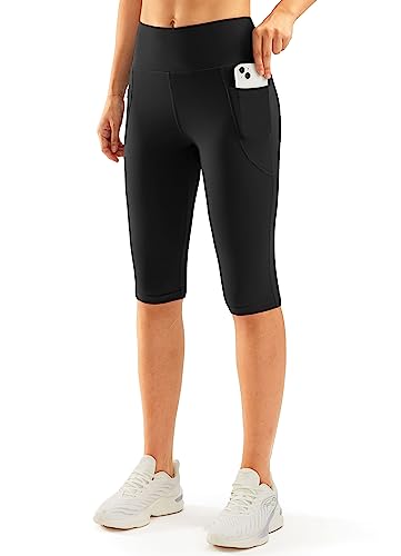 SANTINY Women's Knee Length Capris with Pockets, High Waisted Yoga Leggings - Black, Large