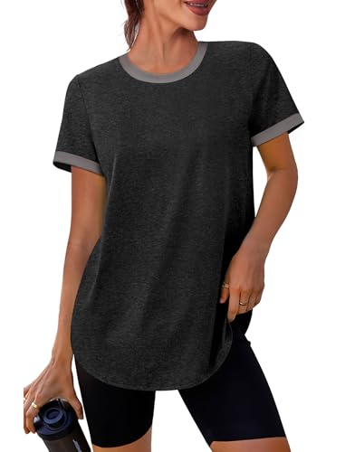 Womens Workout Tops Summer Short Sleeve Shirts Athletic Color Block