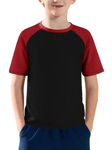 Boys UPF 50+ Raglan Rash Guard Swim Shirt - Color Block Black, 11-12 Years