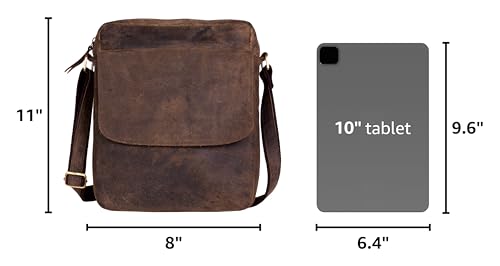 Distressed Tan Leather Crossbody Messenger Bag for Men & Women, 11 Inch Tablet Satchel