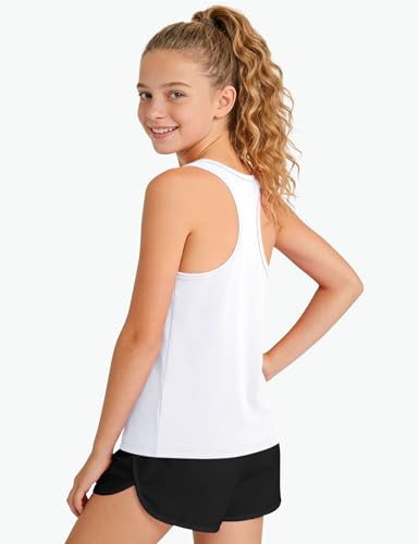 Girls Tank Tops - UPF 50+ Quick Dry Athletic Racerback - 7-8 Years White