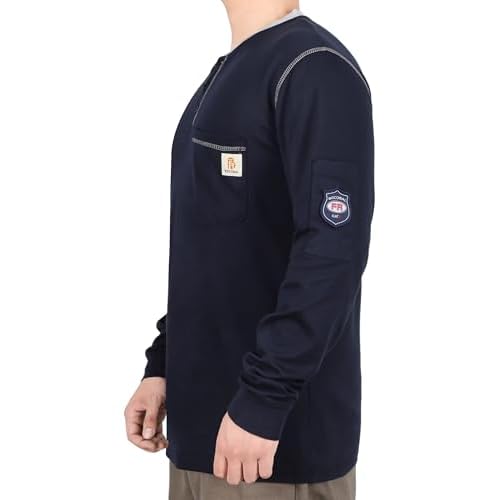 BOCOMAL FR Shirts for Men CAT2 5.5oz Long Sleeve Henley Workwear Flame Resistant Fire Retardant Shirt