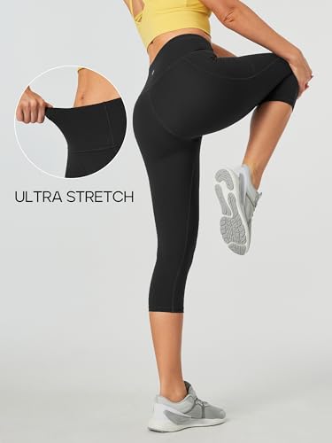 High Waisted Capri Leggings with Pockets for Women - Black, Large