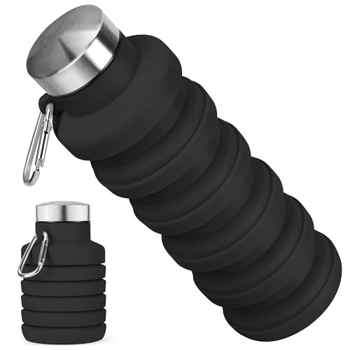 16oz Collapsible Silicone Water Bottle - Black, Leak-Proof