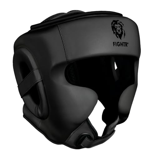 FIGHTR All Black MMA Boxing Headgear with Best Fit, Adjustable for Sparring & Martial Arts