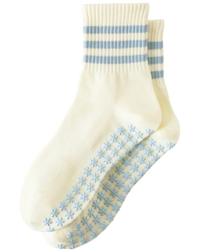 Yawlsow Cute Ruffle Pilates Grip Socks, Non-Slip Crew Socks for Women, 1 Pack, Three Stripes Blue