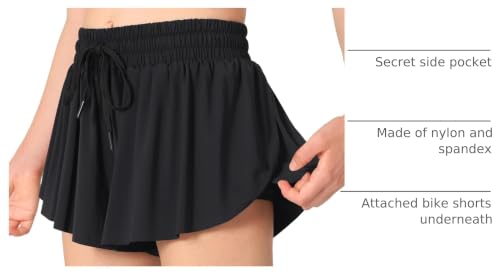Girls Butterfly Skorts - Flowy Athletic Shorts with Pocket, Black, 9-10 Years