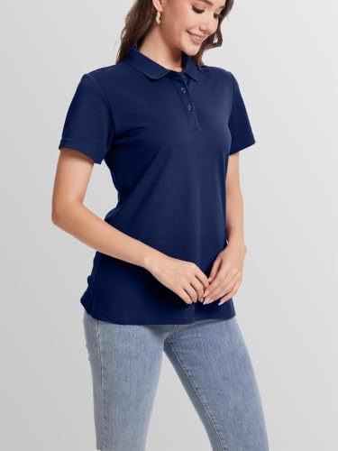 SMENG Women's Navy Medium Cotton Pique Polo Shirt with Short Sleeves & 3 Buttons