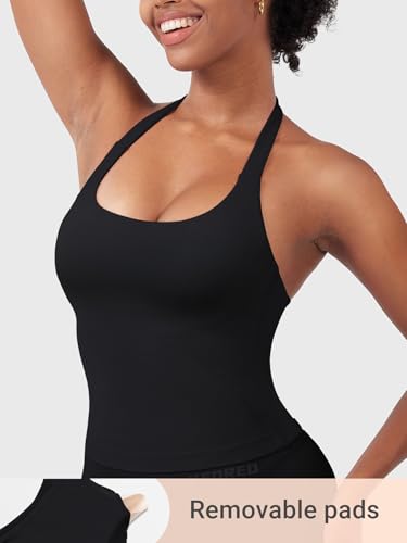 Women's Longline Backless Halter Tank Top with Built-in Bra - Medium Black