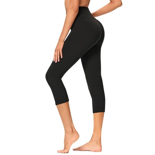 High Waisted Capri Leggings for Women - Soft Yoga Pants - Black, L-XL