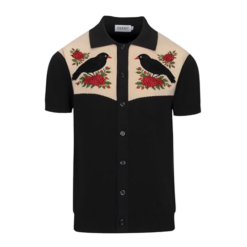 OXKNIT Men's Black Knit Polo Shirt XL Vintage Embroidered Bird & Flower Pattern