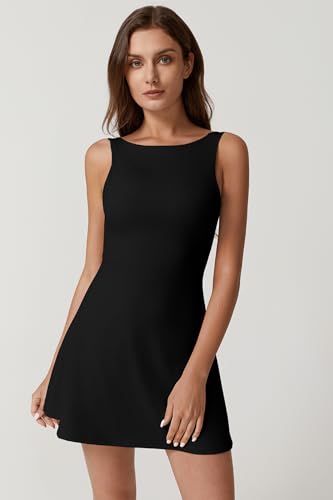 QINSEN Women's Open Back Tennis Dress Small Black Sleeveless Athletic Golf Dress with Pockets