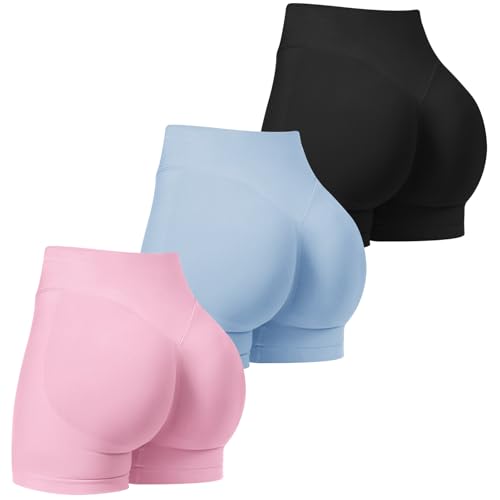 TDIFFUN Women's Workout Shorts 3 Pack High-Waist Gym Lifting Impact Small Black Pink Blue
